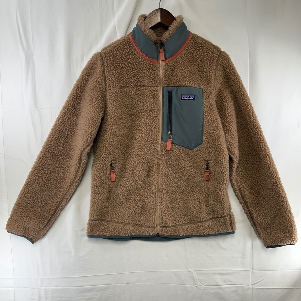 Patagonia Retro Pile Fleece Jacket Womens Medium Tan Blue Full Zip 23074